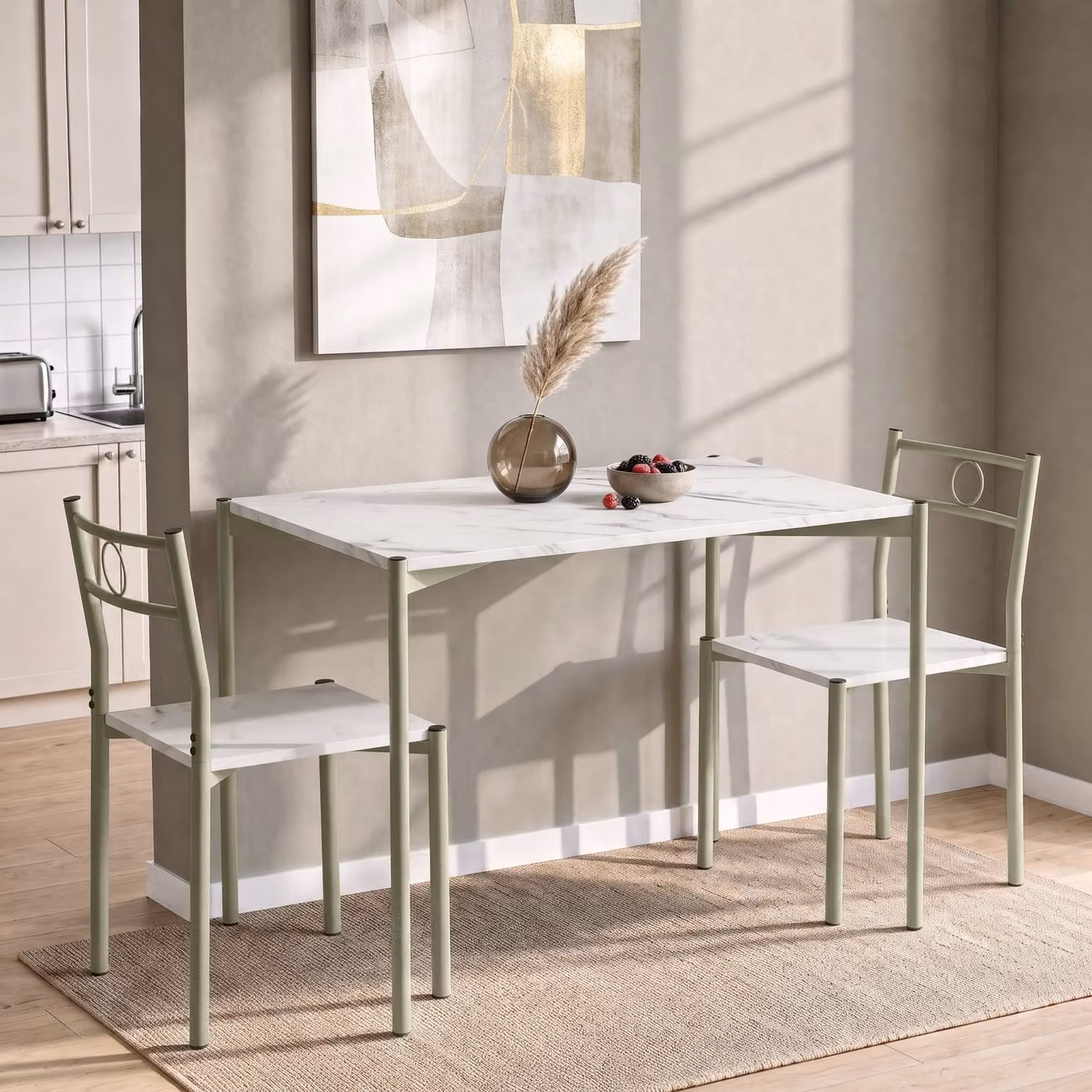DHS White Marble Breakfast Dining Set with 2 Chairs and Rectangular Table