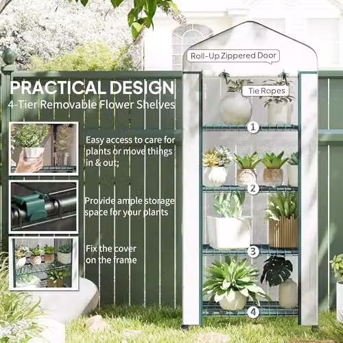 Outsunny 4 Tier Mini Portable Greenhouse in White, H 165 x W 69 x D 50 cm – 3