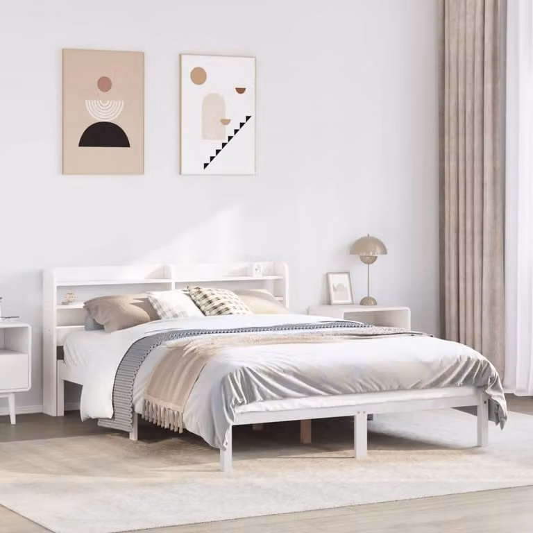 Berkfield Home Rustic White Solid Pine Bed Frame with Side Compartments, 140 x 200 cm