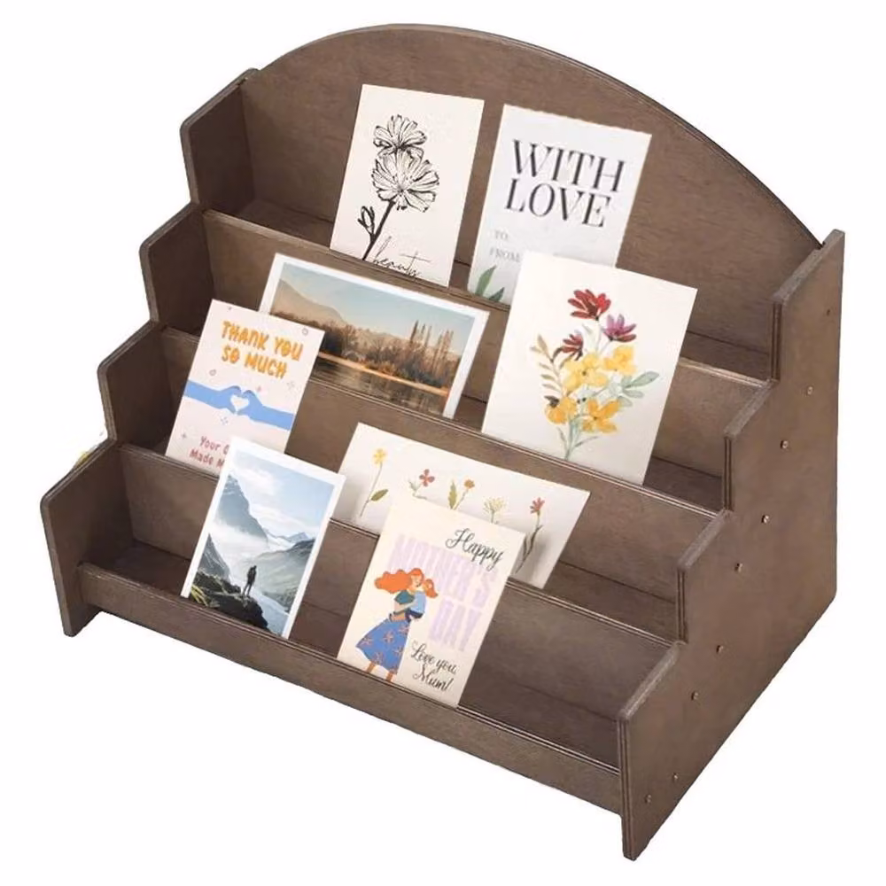 VOGREX 4-Tier Rustic Wooden Postcard and Greeting Card Display Stand in Brown – 4