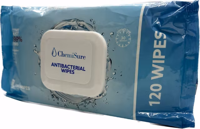 Chemisure Antibacterial Wipes, Blue, 120 Pack