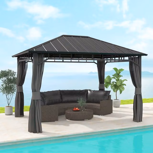 Outsunny Galvanised Steel Hardtop Gazebo with Netting and Curtains in Grey, W: 390 cm, D: 300 cm