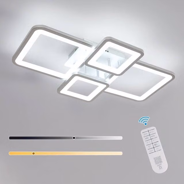 Pheashine Square LED Ceiling Light in Silver, 54W, Dimmable with Remote Control, 3000-6500K
