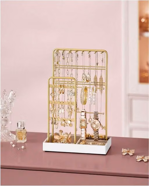 SONGMICS Jewellery Display Stand Organiser with Velvet Tray, Gold Metal Freestanding Design