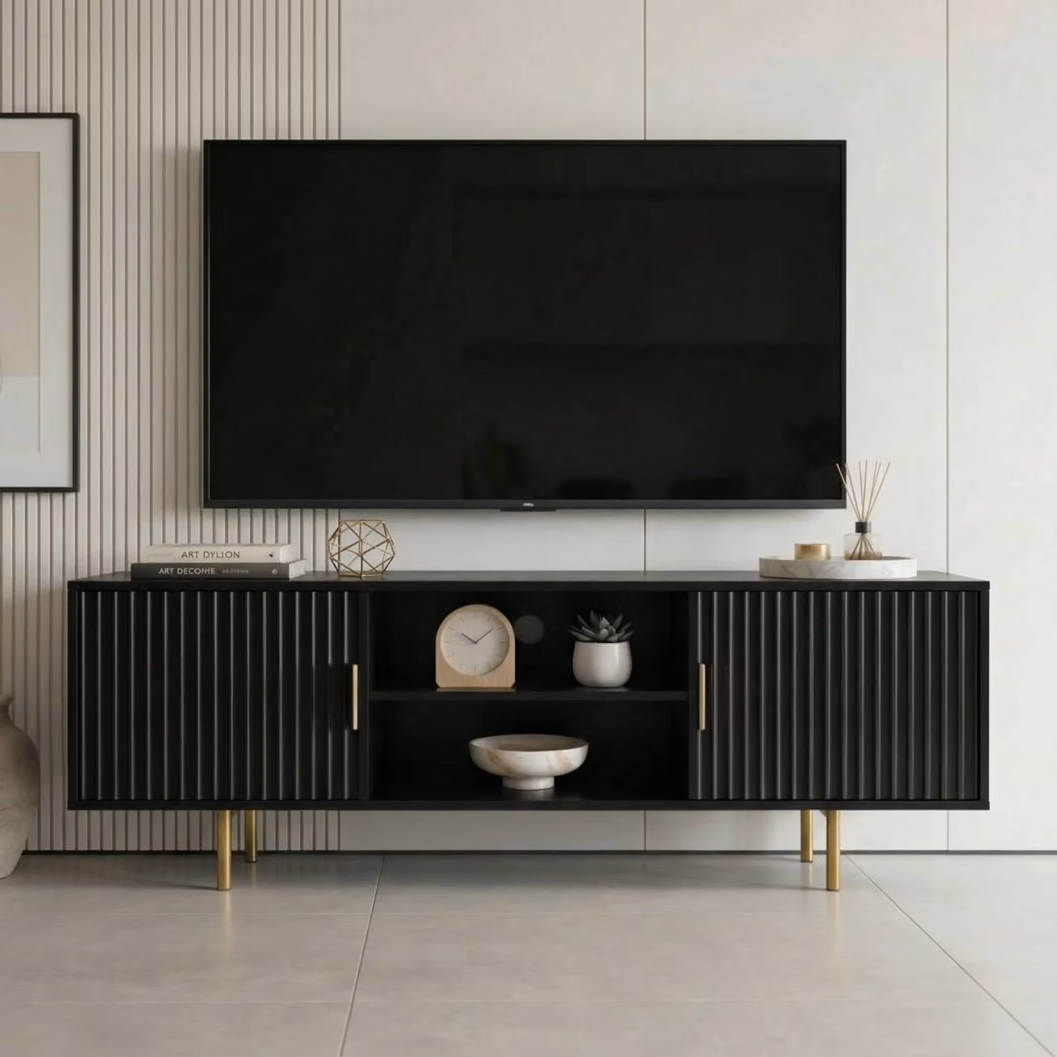 DHS Flutrina Modern Black Lacquered TV Unit Cabinet W: 180 cm, D: 40 cm, H: 55 cm