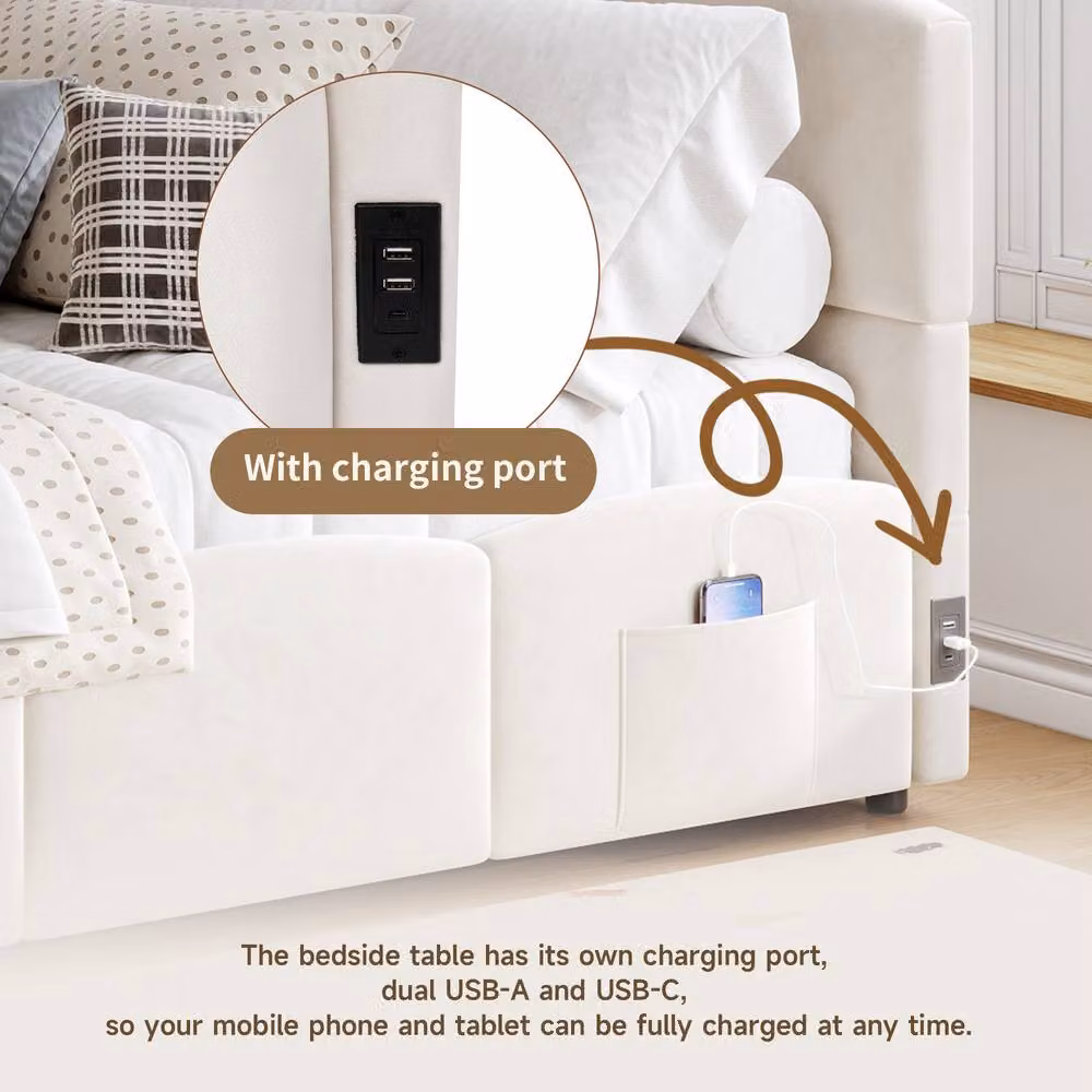 BTM Single Upholstered Velvet Daybed Sofa Bed with Storage and USB Charging Port in Beige – 2
