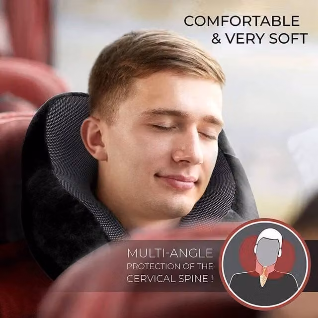 KORVIXA Black U-Shaped Memory Foam Travel Neck Pillow with Removable Breathable Velours Cover