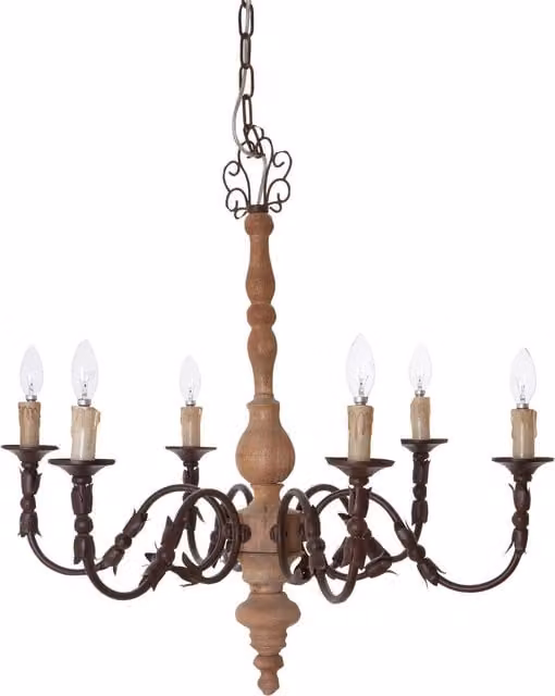 Orsina Antique 6 Arm Ceiling Chandelier in Brown Wood and Black Metal