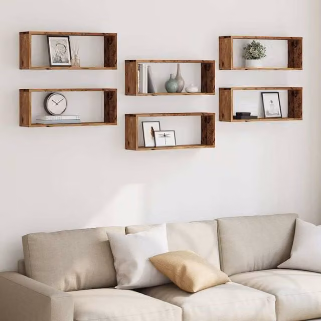 Berkfield Home Set of 6 Wall Mounted Cube Shelves in Old Wood Brown, W/D/H: 60 x 15 x 23 cm
