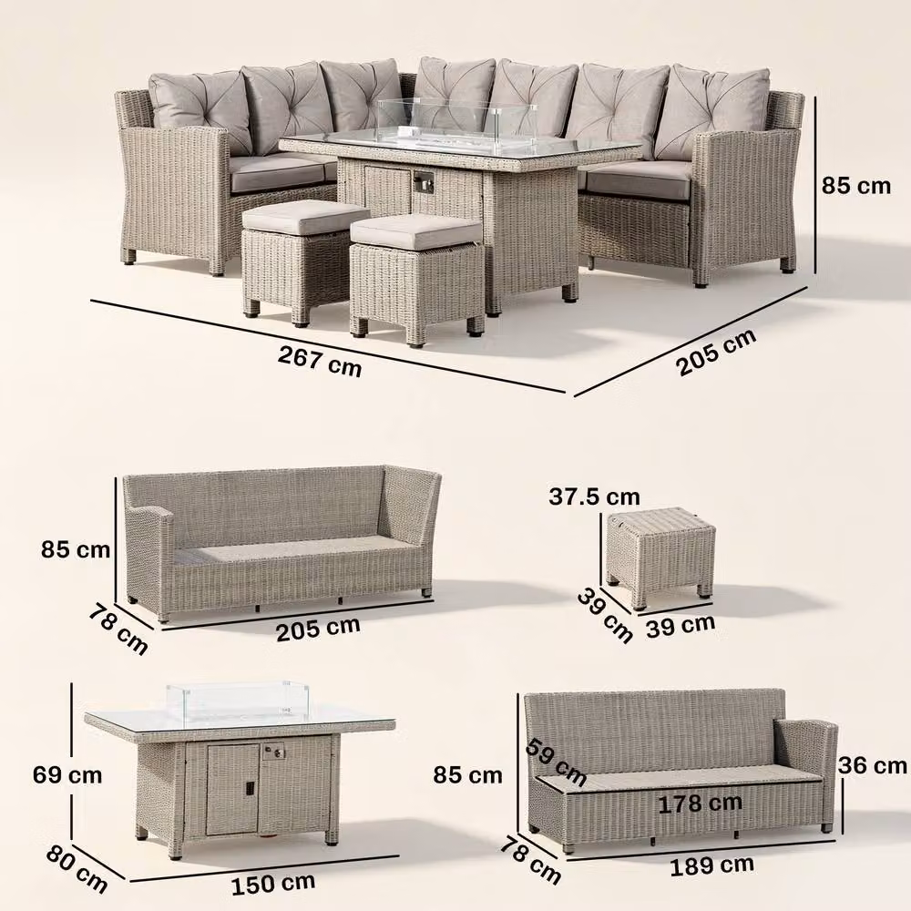 OUTSUNNY 5 Piece Grey Rattan Outdoor Corner Dining Set with Gas Fire Pit Table and Footstool – 3