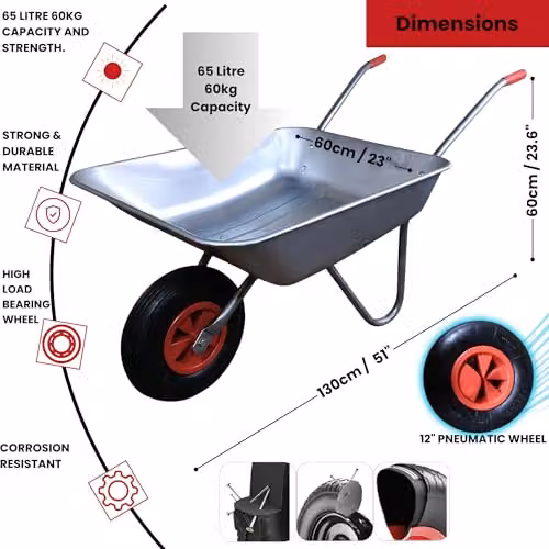 Samuel Alexander Heavy Duty Galvanised Metal Garden Wheelbarrow with Pneumatic Tyre, Silver – 4