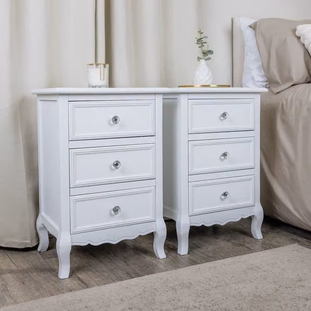 Melody Maison Victoria Range Pair of White 3 Drawer Lacquered Wood Bedside Tables