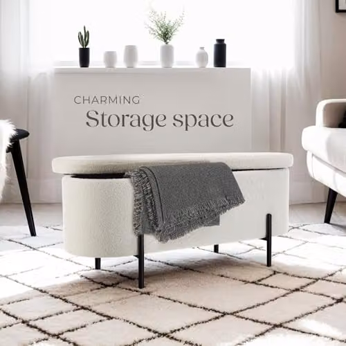 tectake Lanja Scandi Style Bouclé Storage Bench in Beige, W/D/H: 150 x 43 x 43 cm – 2