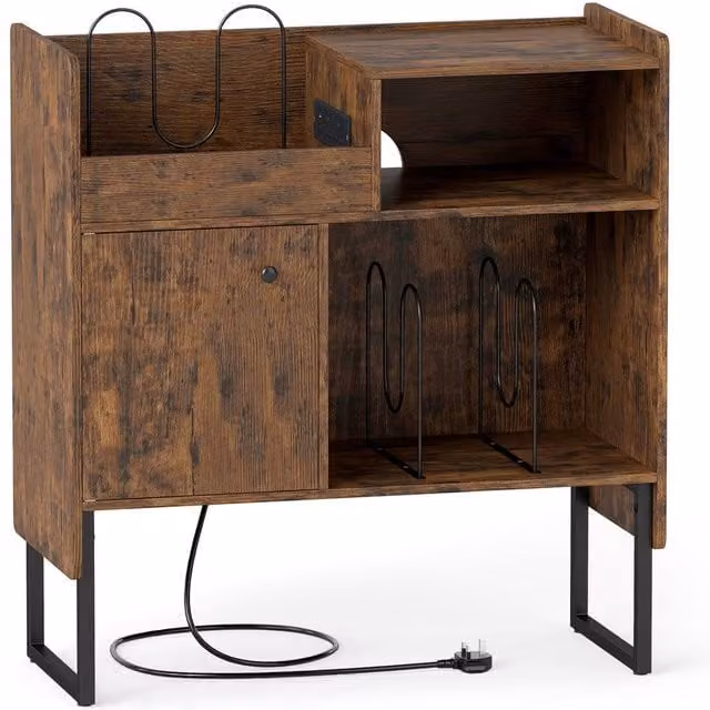 Costway Industrial Record Player Stand with Power Outlets and Media Compartments in Brown