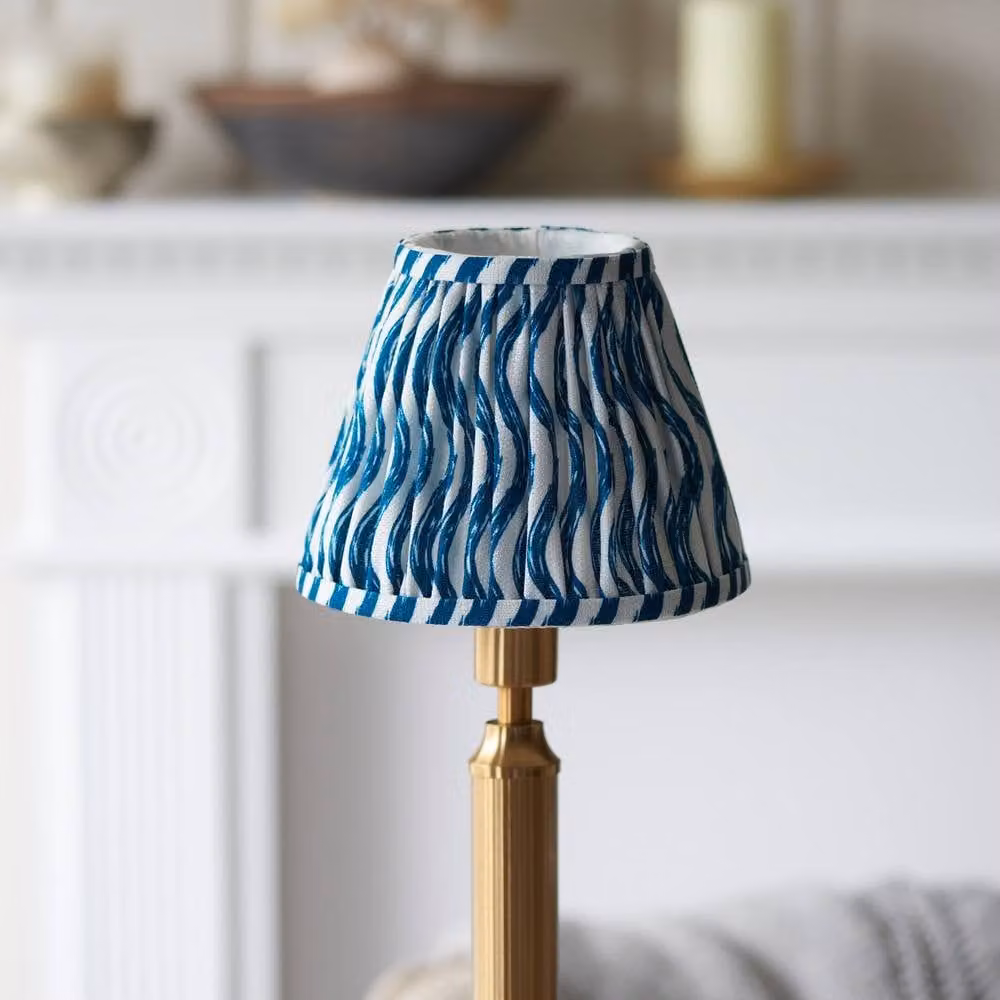 Netlighting Trobridge Rechargeable LED Table Lamp with Blue Fabric Ripple Shade and Gold Brass Base – 3