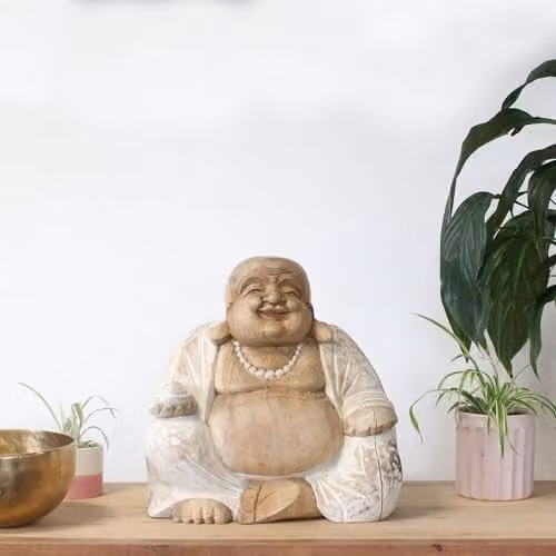 Ancient Wisdom Happy Buddha Tabletop Ornament, Whitewash Stone, Height: 30 cm – 2