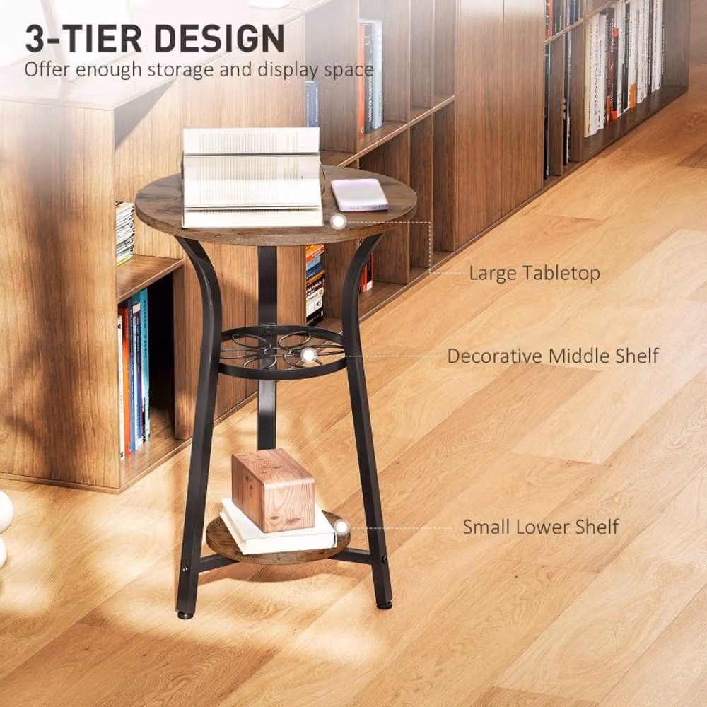 STILVORA 3 Tier Round Side Table with Metal Frame in Brown and Black, W: 38.0 cm, H: 56.5 cm – 4