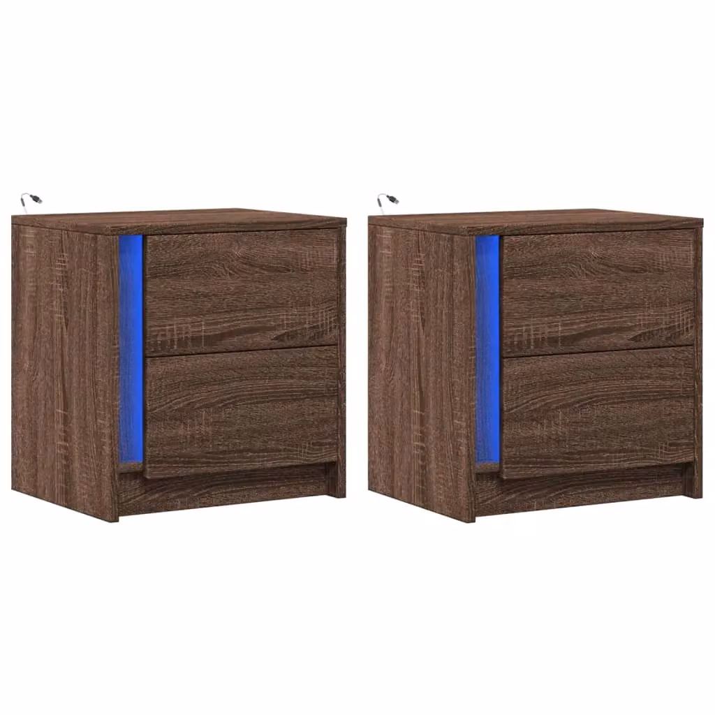 Berkfield Home Set of 2 Modern Brown Oak Bedside Cabinets with Integrated LED Lighting – 3