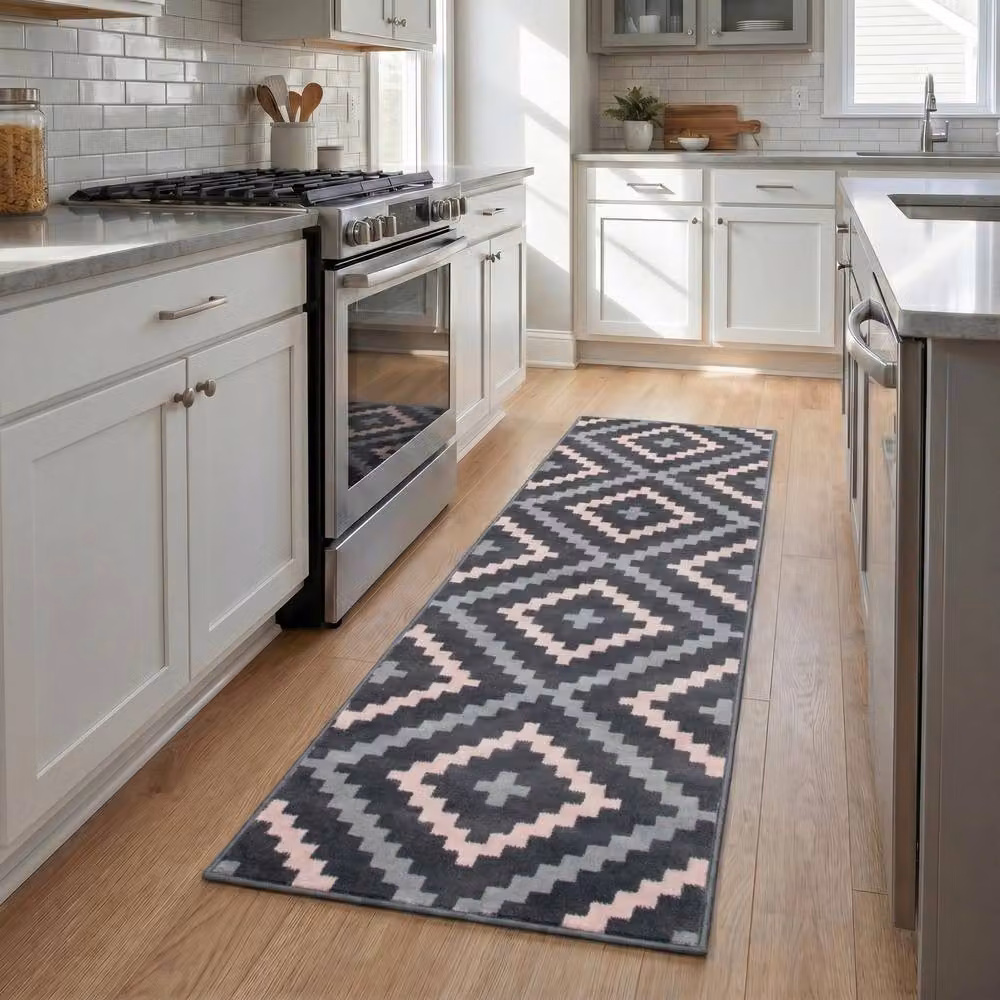 Bravich LTD Modern Geometric Tile Hallway Runner Rug, Pink, W: 60 cm, L: 120 cm – 2