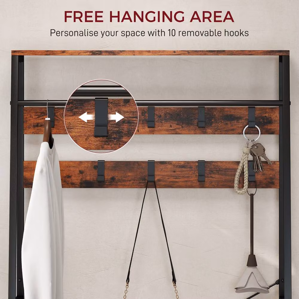 STILVORA Industrial Hall Tree with Bench and 10 Hooks in Brown and Black – 5