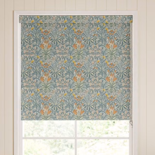 William Morris Woodland Weeds Translucent Made To Measure Roller Blind in Blue Floral Pattern