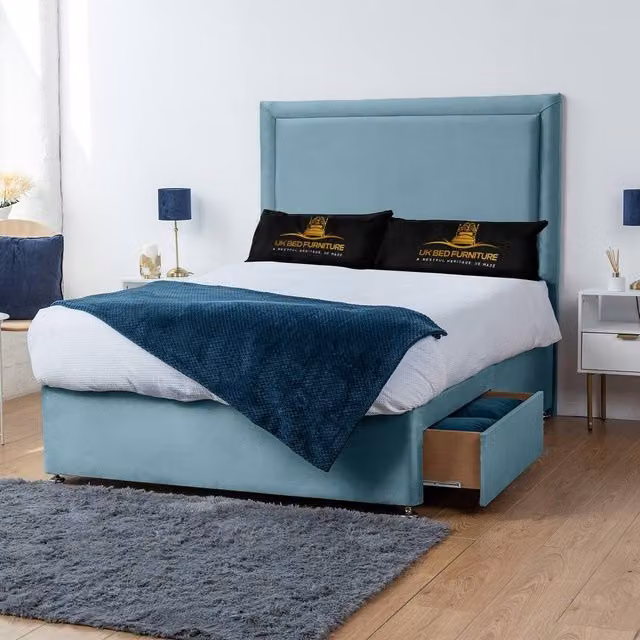 UK Bed Furniture Ascot Super King Divan Bed with 2 Drawers Same Side and 26 Inch Headboard in Light Blue, W/D/H: 200 x 200 x 66.04 cm