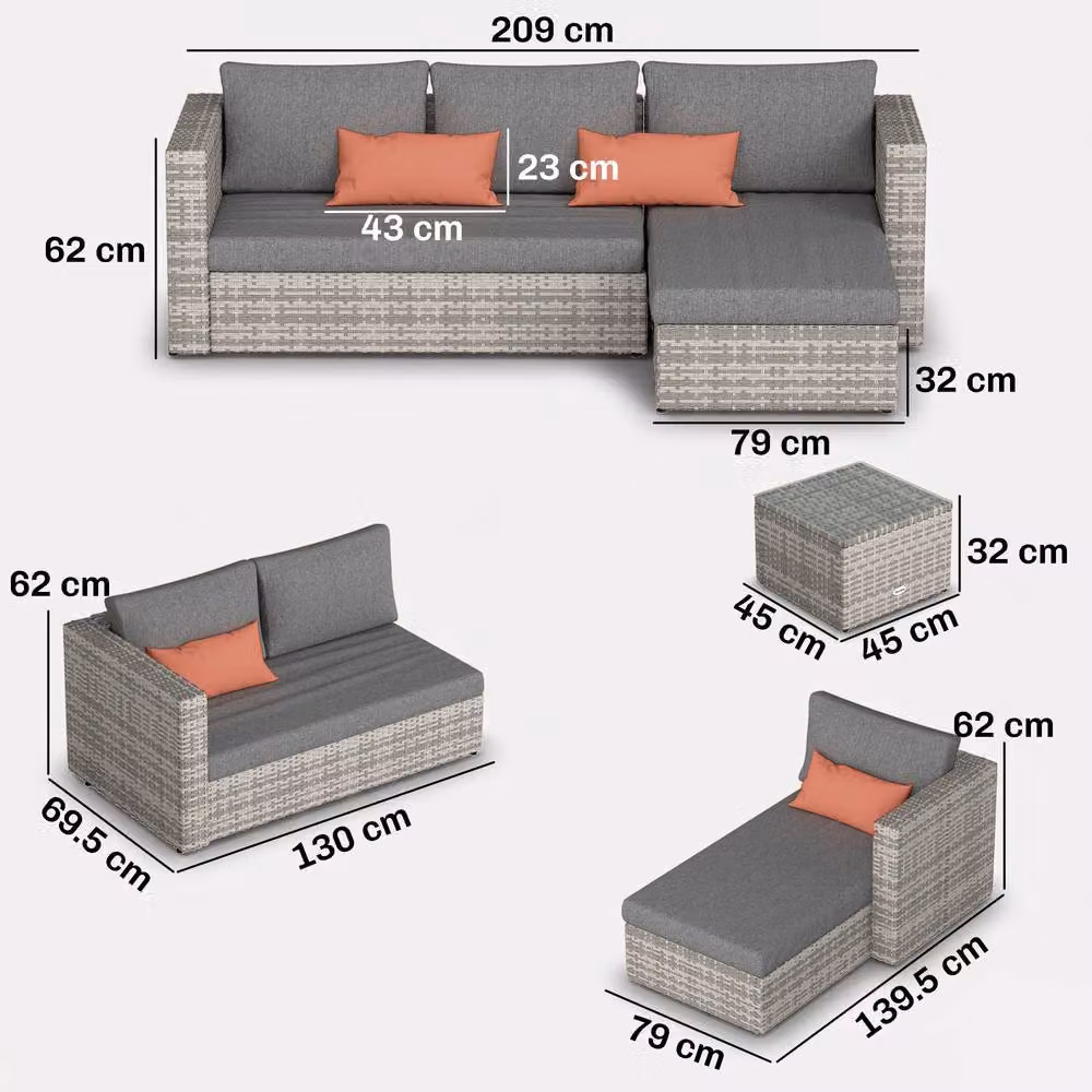 ERGOVEXA 3 Piece Grey L-Shape Outdoor Rattan Sofa Set with Upholstered Cushions and Coffee Table – 2