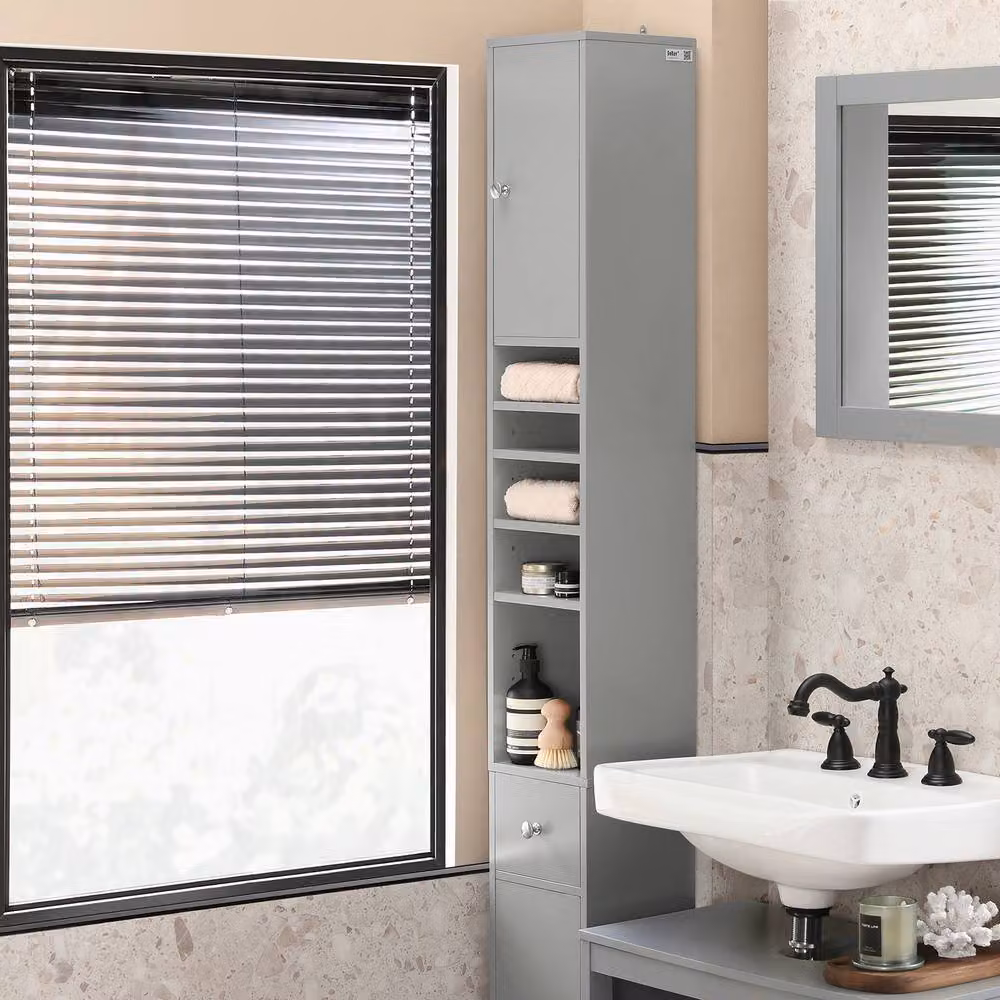 SoBuy Slim Tall Bathroom Cabinet in Light Grey, Modern MDF Storage Unit with Hinged Doors and Internal Shelves, Height: 180 cm – 4