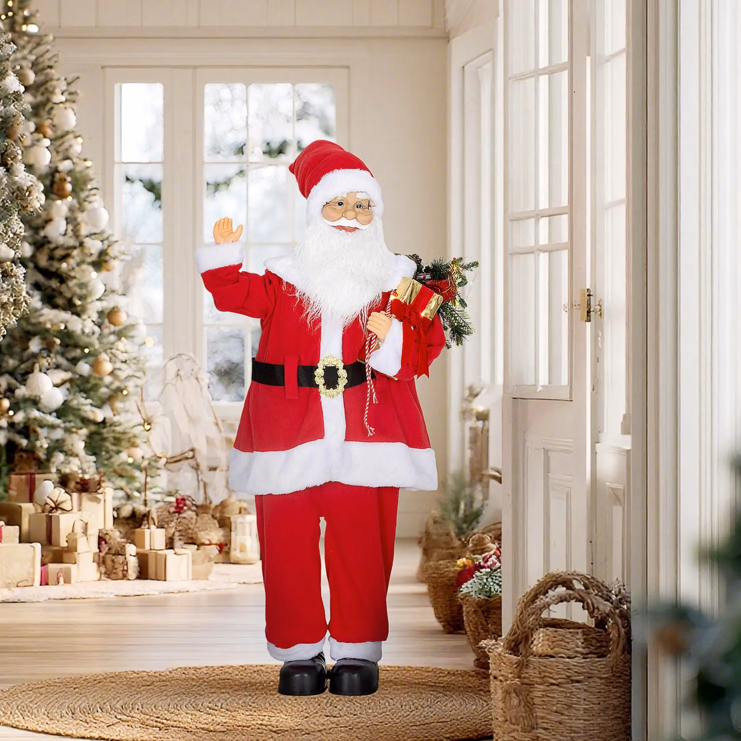 HOMCOM Life Size Animated Sound Activated Santa Claus Decoration in Red, Height: 120 cm – 2