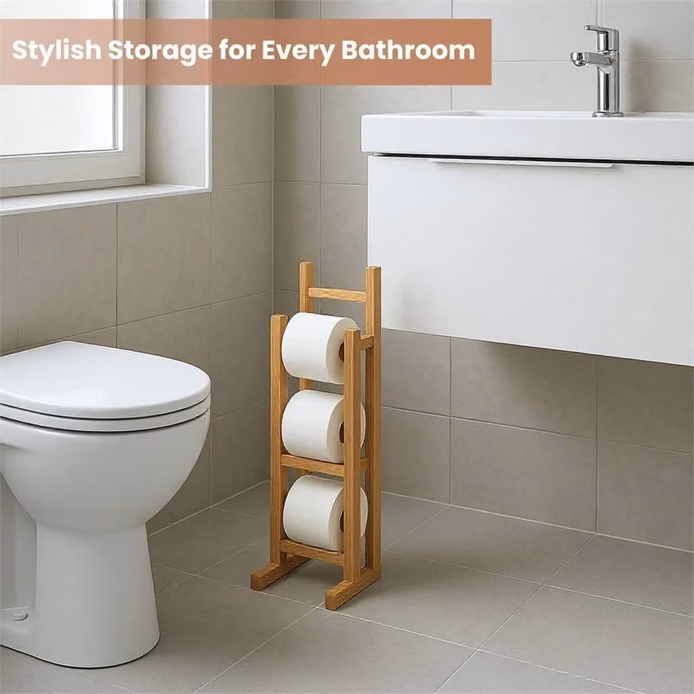 Nordara Bamboo Free Standing Toilet Roll Holder with Tissue Storage in Natural Brown – 3
