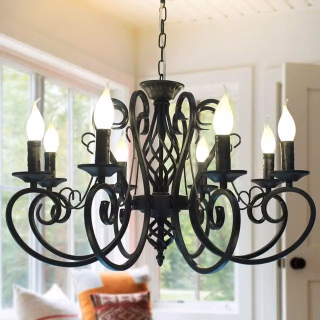Garwarm 8-Light Vintage French Country Pendant Chandelier in Black Metal – 1