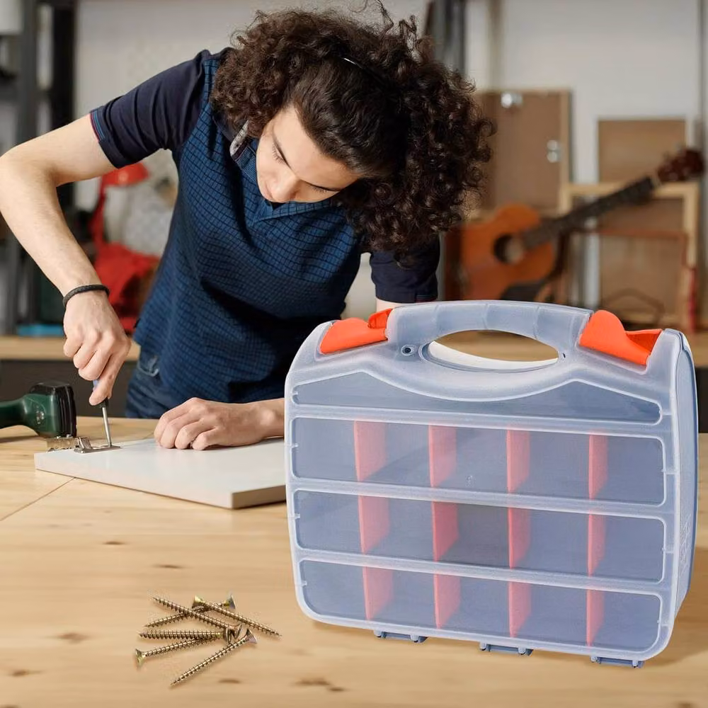 Marksman 2-Sided Plastic Tool Box Organiser with 31 Compartments in Grey, Orange and Transparent – 2