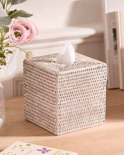 Dibor Traditional Square White Rattan Tissue Box Cover in Natural Sand