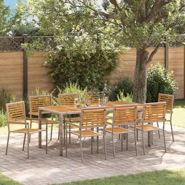 Berkfield Home 9 Piece Grey Poly Rattan and Acacia Wood Garden Dining Set – 1