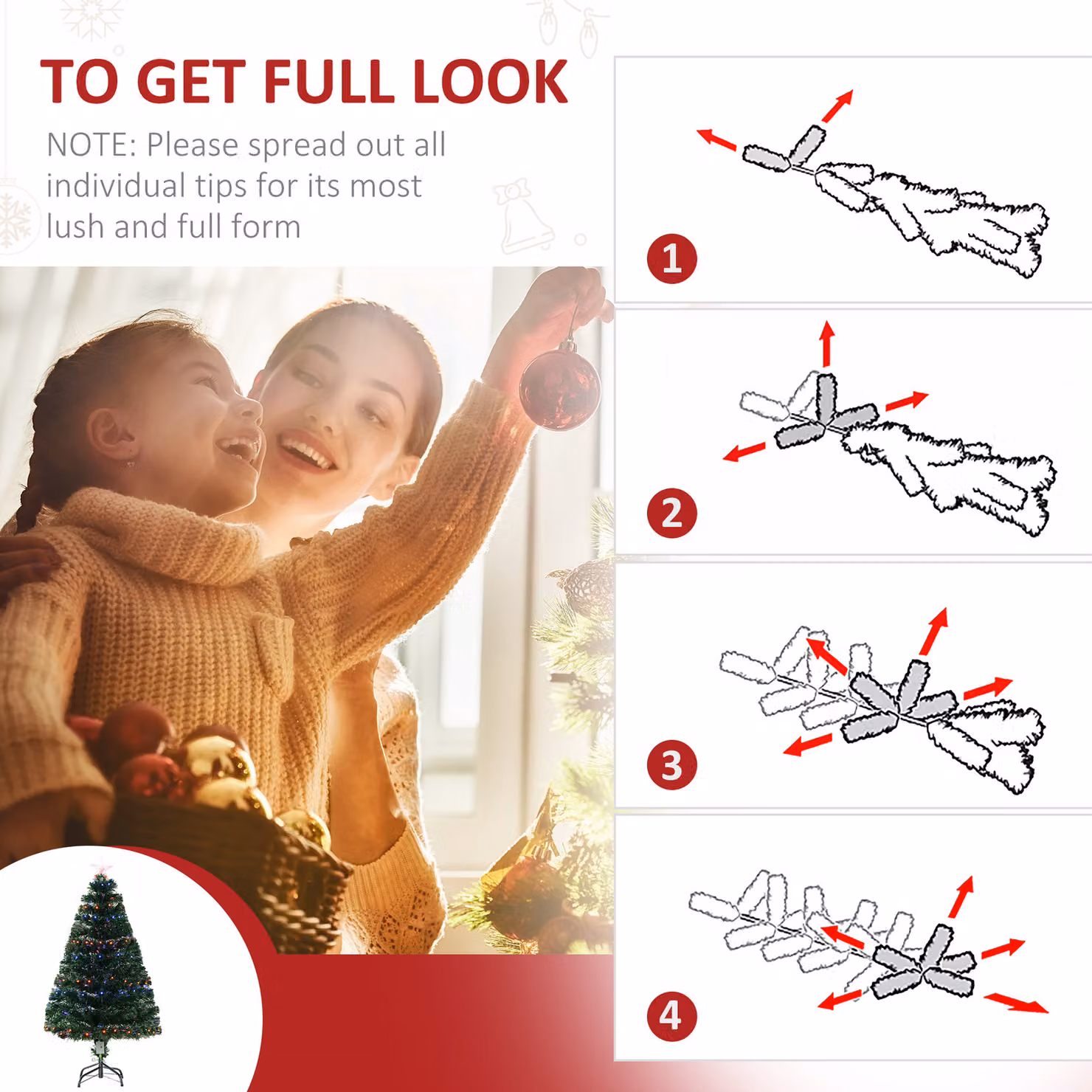 HOMCOM 4ft Pre-Lit Artificial Christmas Tree with Multi-Coloured Fiber Optic LED Lights – 6