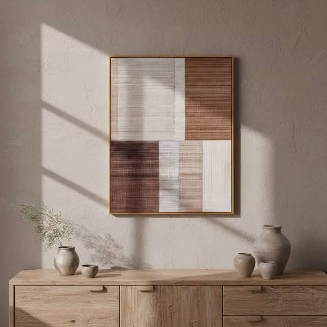 Wyld Haus Fira Hand Painted Geometric Abstract Canvas Wall Art in Slim Frame, Sand and Multicolour