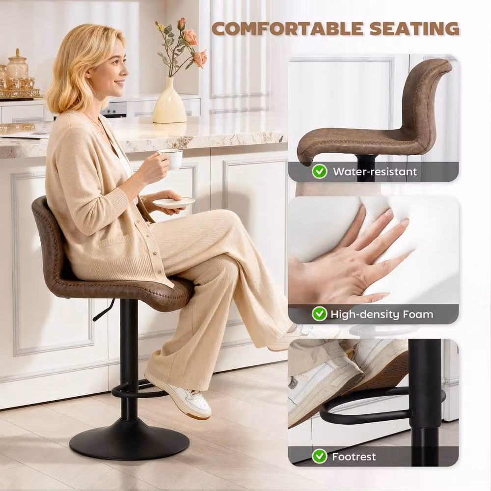 HOMCOM Set of 2 Modern Brown Synthetic Leather Upholstered Barstools with Backrest and Footrest – 4