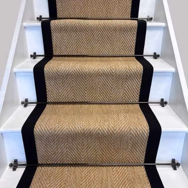 RainbowHome Herringbone New England Beige Stair Runner with Black Cotton Border, W: 50 cm, L: 700 cm – 1