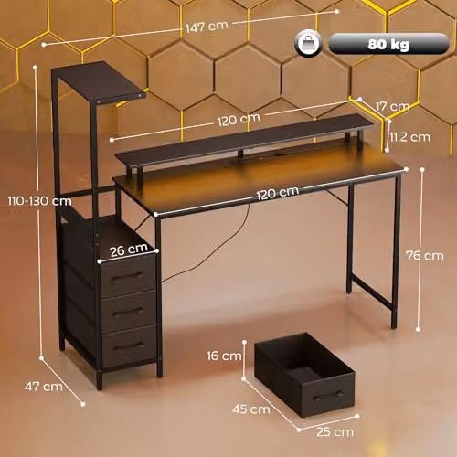 HOMCOM Black Gaming Desk with RGB Lighting and Adjustable Reversible CPU Stand, W: 147 cm, D: 76 cm, H: 75 cm – 3