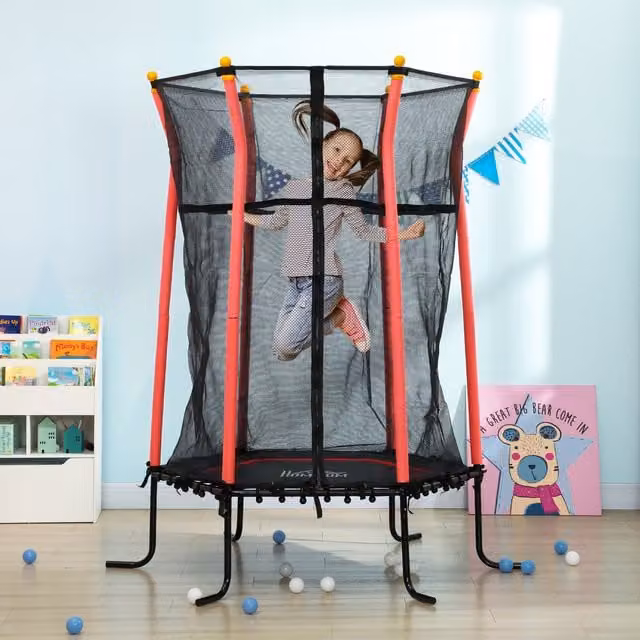 HOMCOM Kids Mini Trampoline with Safety Net in Red