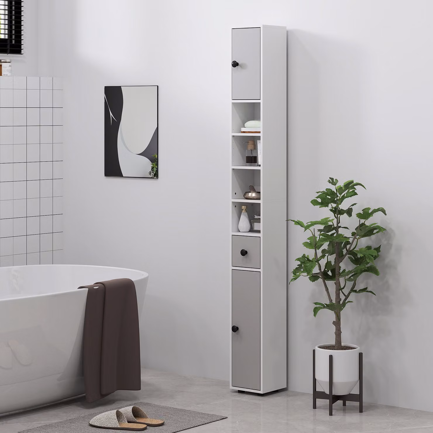 Kleankin Slim Modern Bathroom Cabinet in Light Grey with LED Lighting, Drawers and Shelves, H 180 x W 20 x D 20 cm – 2