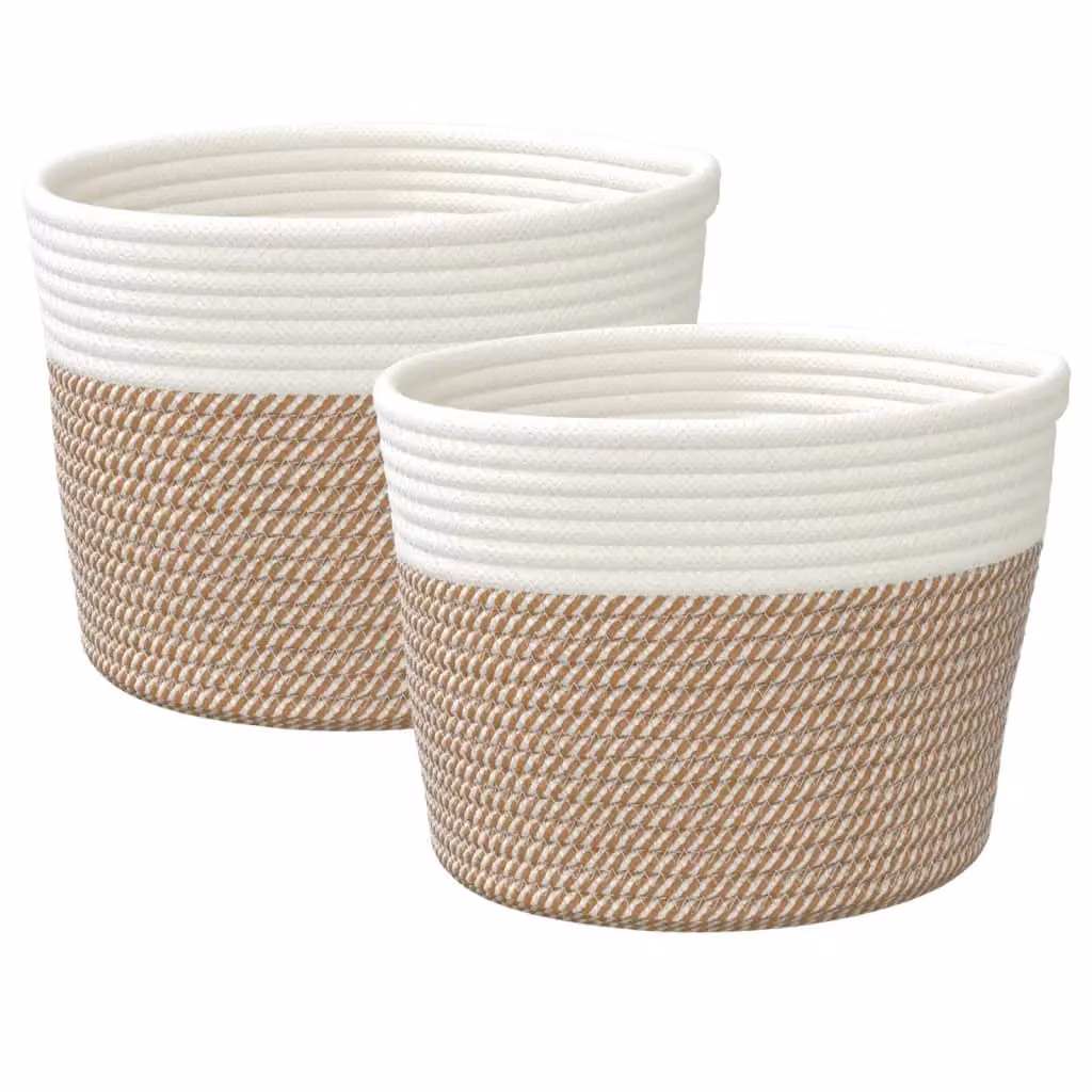 Berkfield Home Storage Baskets, 2 Pack, Brown and White Cotton Fabric, W: 24 cm, H: 18 cm – 2