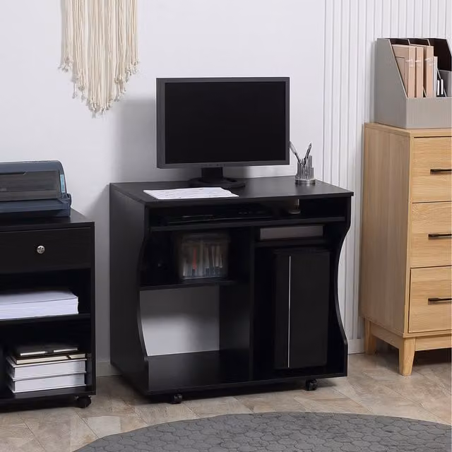 HOMCOM Modern Rectangular Computer Office Desk in Black with Castors
