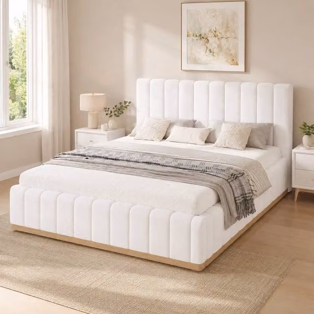 STILVORA Upholstered Double Bed with Synthetic Leather Headboard in White – 1