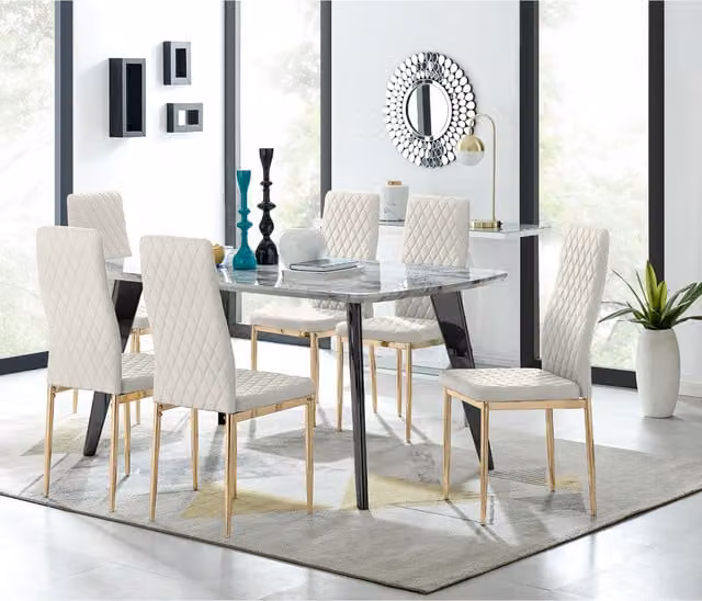 FurnitureboxUK Andria Rectangular Marble Effect Dining Table with 6 Cream Velvet Milan Gold Leg Chairs