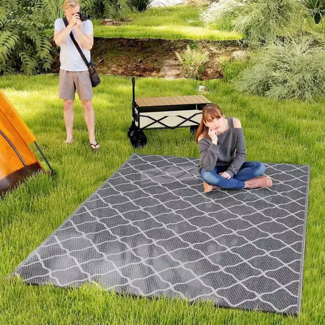 VOGREX Reversible Waterproof Moroccan Woven Outdoor Garden Rug in Grey and White, W: 274 cm, D: 183 cm – 1