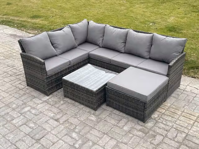 Fimous 7 Seater Outdoor Garden Furniture Set in Dark Grey Polyrattan with Corner Sofa, Coffee Table and Ottoman