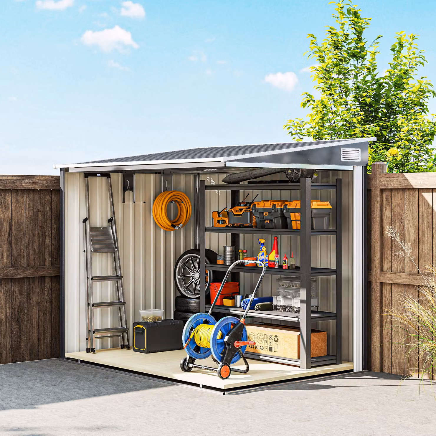 Outsunny Dark Grey Galvanised Metal Pent Shed with Sliding Door, W: 213.36 cm, D: 152.4 cm, H: 154.0 cm – 8
