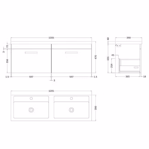 Balterley Gloss Grey Wall Hung 2 Drawer Vanity Basin Unit W/D/H: 120 x 39 x 47 cm – 3