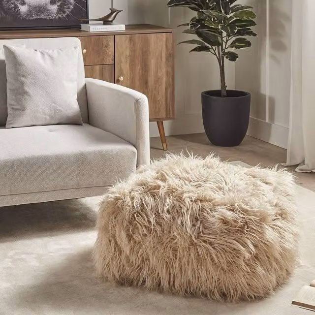 Wyld Haus Soft Body Beige Faux Fur Cube Pouffe